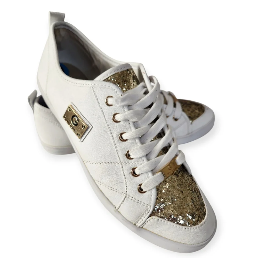 G by GUESS Mallory Glitter Lace Up White Sneakers Size 10M